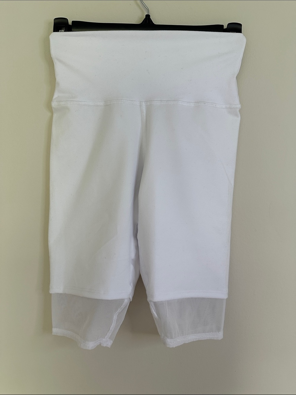 White High-Waist Bike Shorts with Sheer Mesh Hem